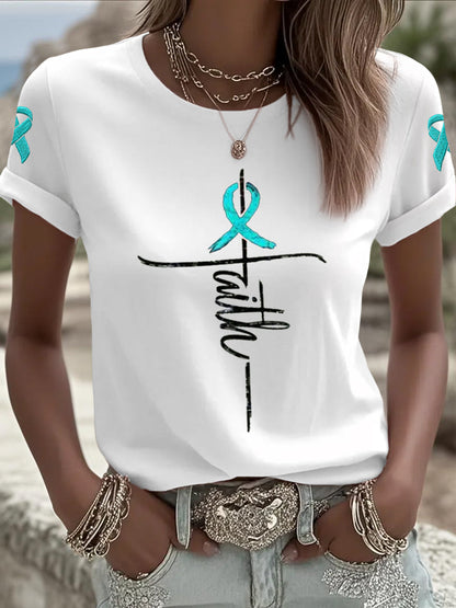 Tee-shirt de sensibilisation au cancer de l'ovaire Croix foi ruban sarcelle des femmes