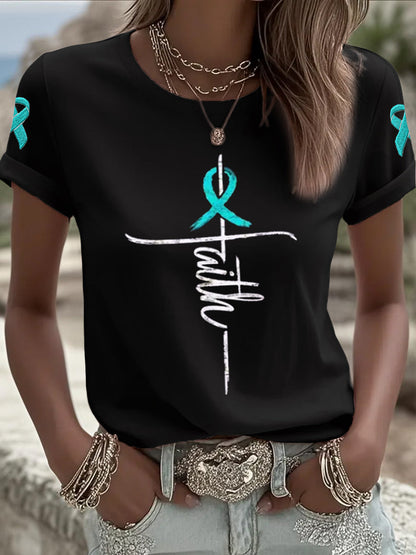 Tee-shirt de sensibilisation au cancer de l'ovaire Croix foi ruban sarcelle des femmes