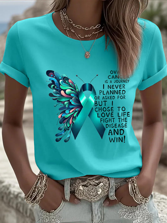 Papillon Teal Ruban Imprimer Cancer de l'ovaire Sensibilisation Tee des femmes