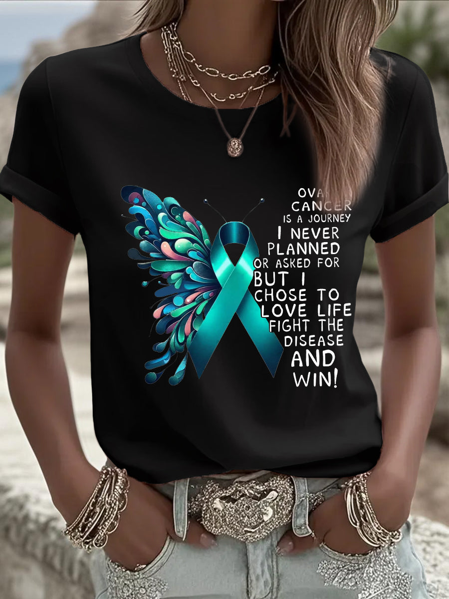 Papillon Teal Ruban Imprimer Cancer de l'ovaire Sensibilisation Tee des femmes
