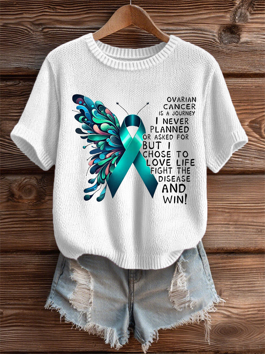 T-shirt de sensibilisation au cancer de l'ovaire imprimé papillon ruban sarcelle des femmes