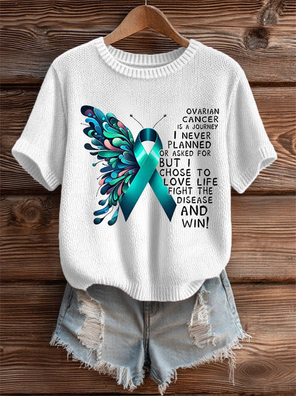 T-shirt de sensibilisation au cancer de l'ovaire imprimé papillon ruban sarcelle des femmes