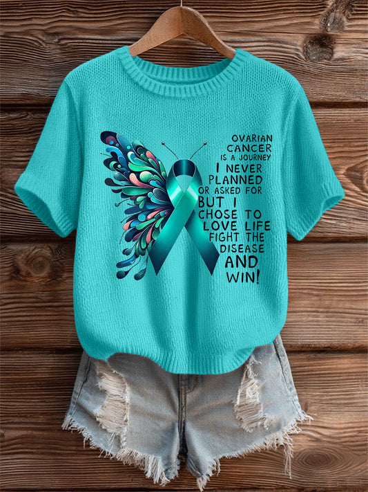 T-shirt de sensibilisation au cancer de l'ovaire imprimé papillon ruban sarcelle des femmes