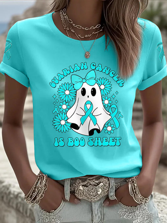 Femmes de cancer de l'ovaire est Boo feuille Halloween fantôme Teal ruban de sensibilisation au cancer de l'ovaire Tee