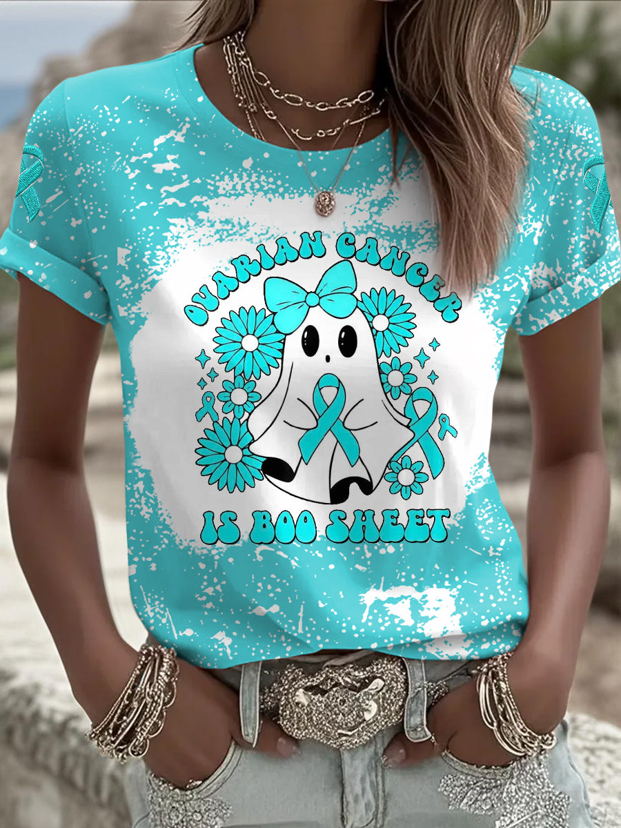 Femmes de cancer de l'ovaire est Boo feuille Halloween fantôme Teal ruban de sensibilisation au cancer de l'ovaire Tee