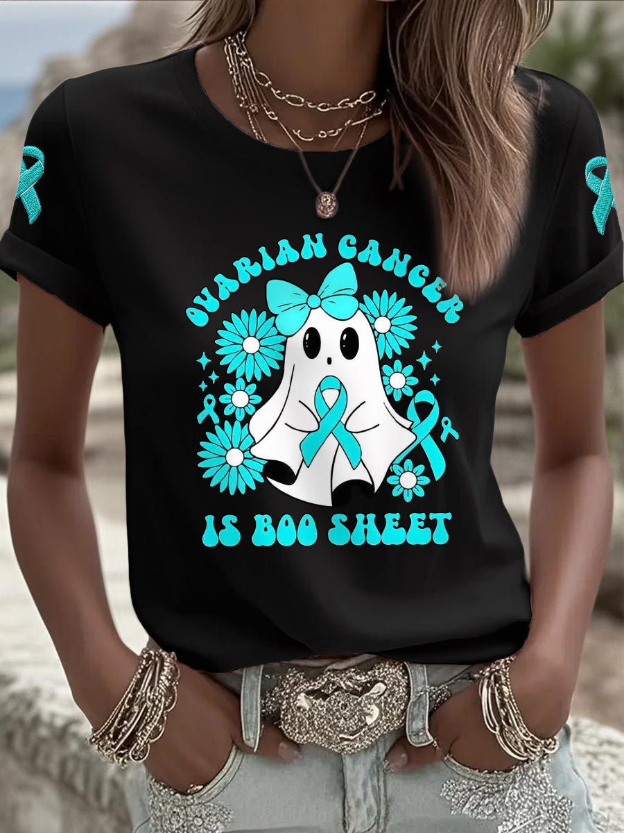 Femmes de cancer de l'ovaire est Boo feuille Halloween fantôme Teal ruban de sensibilisation au cancer de l'ovaire Tee