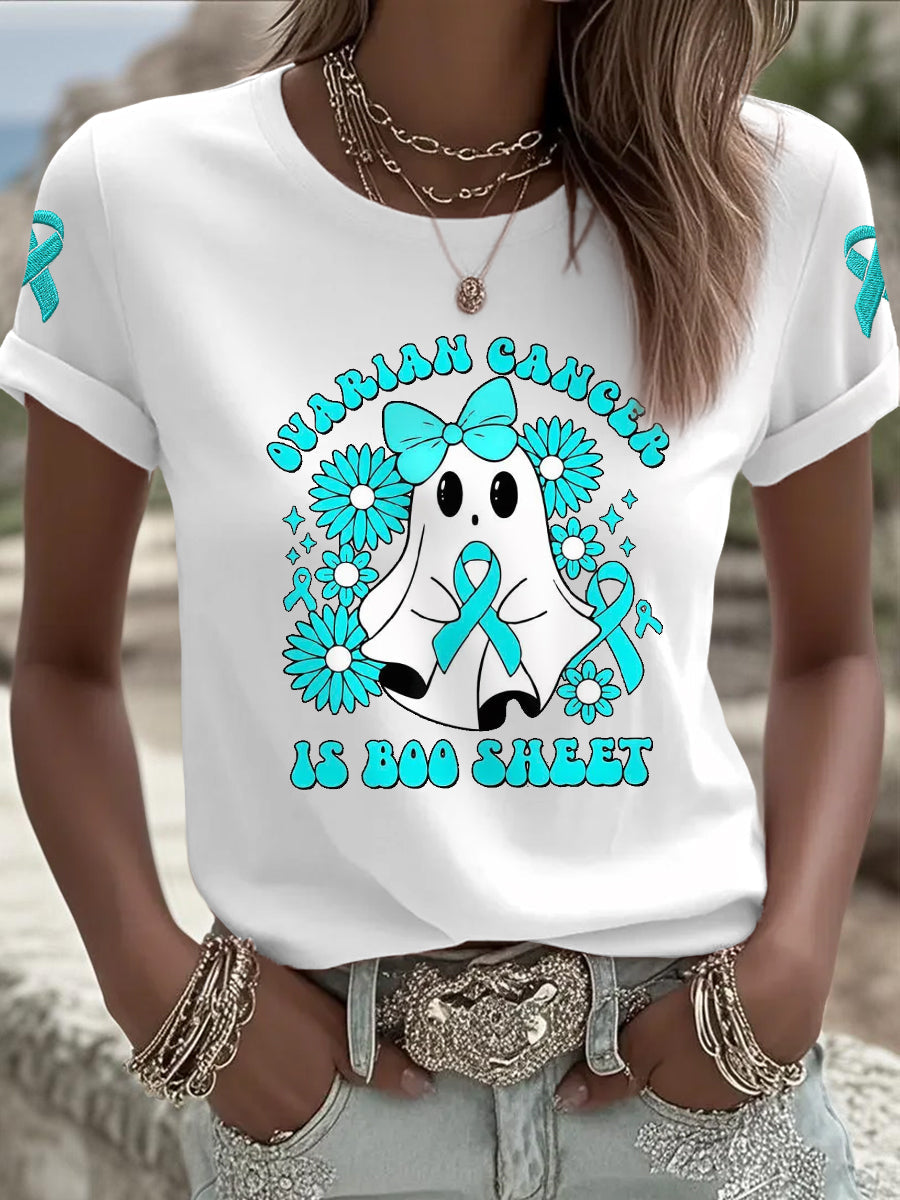 Femmes de cancer de l'ovaire est Boo feuille Halloween fantôme Teal ruban de sensibilisation au cancer de l'ovaire Tee