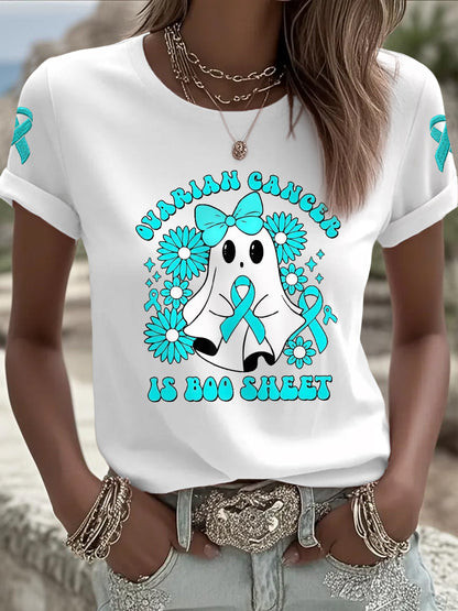 Femmes de cancer de l'ovaire est Boo feuille Halloween fantôme Teal ruban de sensibilisation au cancer de l'ovaire Tee