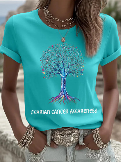 T-shirt de sensibilisation au cancer de l'ovaire imprimé arbre à ruban sarcelle pour femme