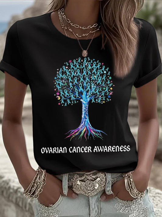 T-shirt de sensibilisation au cancer de l'ovaire imprimé arbre à ruban sarcelle pour femme