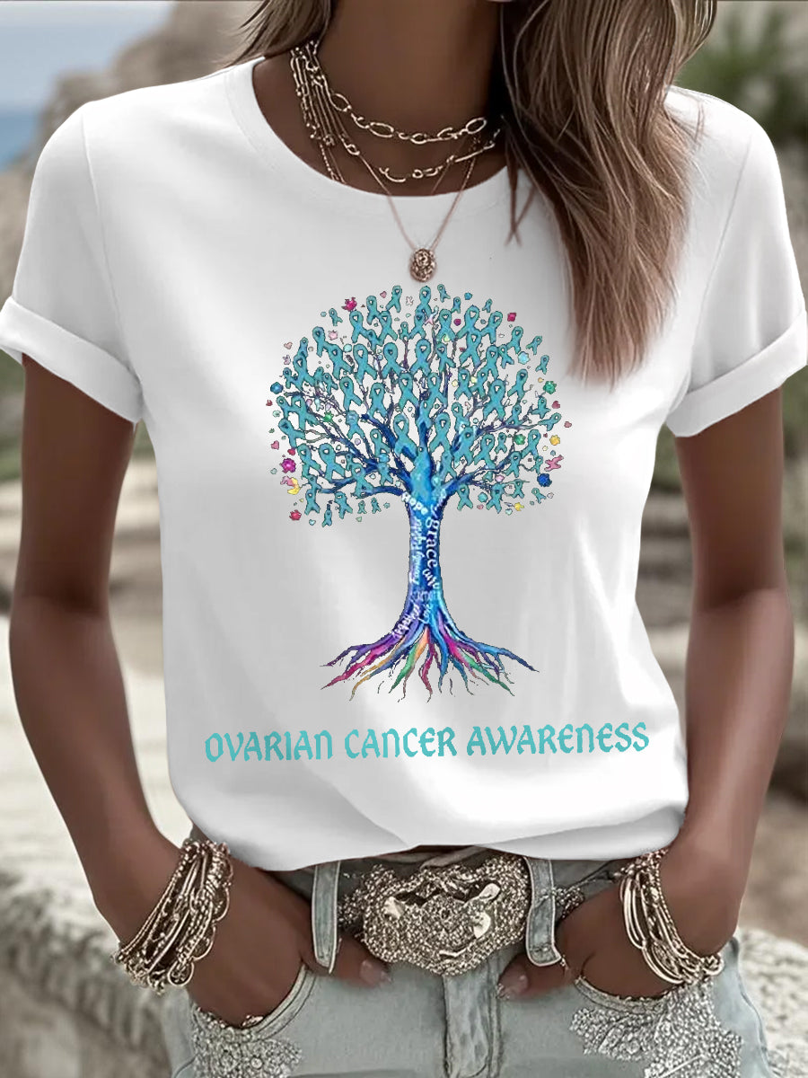 T-shirt de sensibilisation au cancer de l'ovaire imprimé arbre à ruban sarcelle pour femme