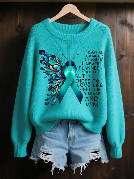 Pull Femme Sarcelle Ruban Papillon Imprimé Cancer de l'ovaire Sensibilisation