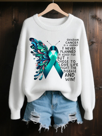 Pull Femme Sarcelle Ruban Papillon Imprimé Cancer de l'ovaire Sensibilisation