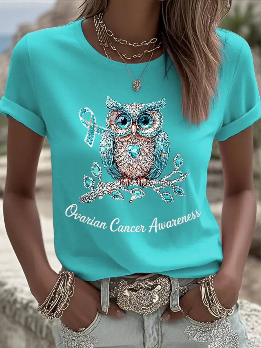 Sensibilisation au cancer de l'ovaire ruban strass T-shirt décontracté des femmes