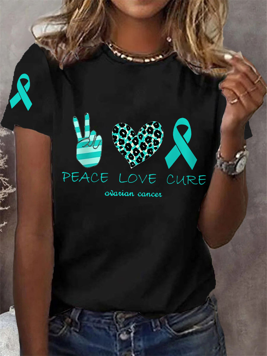 Peace Love Cure Teal Ruban de soutien sensibilisation au cancer de l'ovaire des femmes Tee