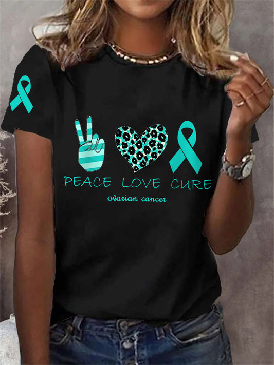 Peace Love Cure Teal Ruban de soutien sensibilisation au cancer de l'ovaire des femmes Tee