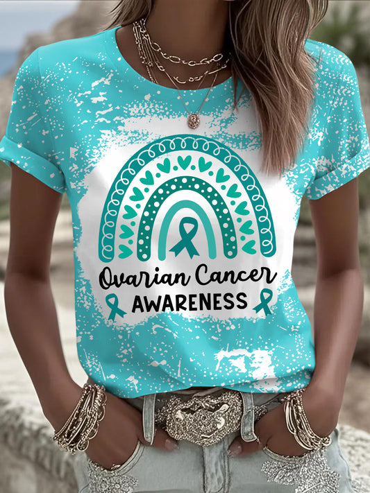 T-shirt de sensibilisation au cancer de l'ovaire imprimé arc-en-ciel Teal Ribbon pour femmes