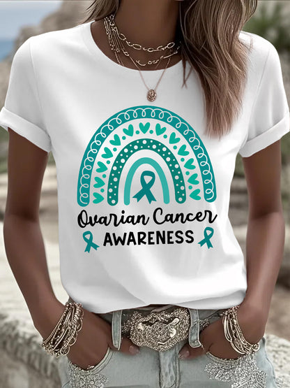 T-shirt de sensibilisation au cancer de l'ovaire imprimé arc-en-ciel Teal Ribbon pour femmes