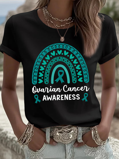 T-shirt de sensibilisation au cancer de l'ovaire imprimé arc-en-ciel Teal Ribbon pour femmes