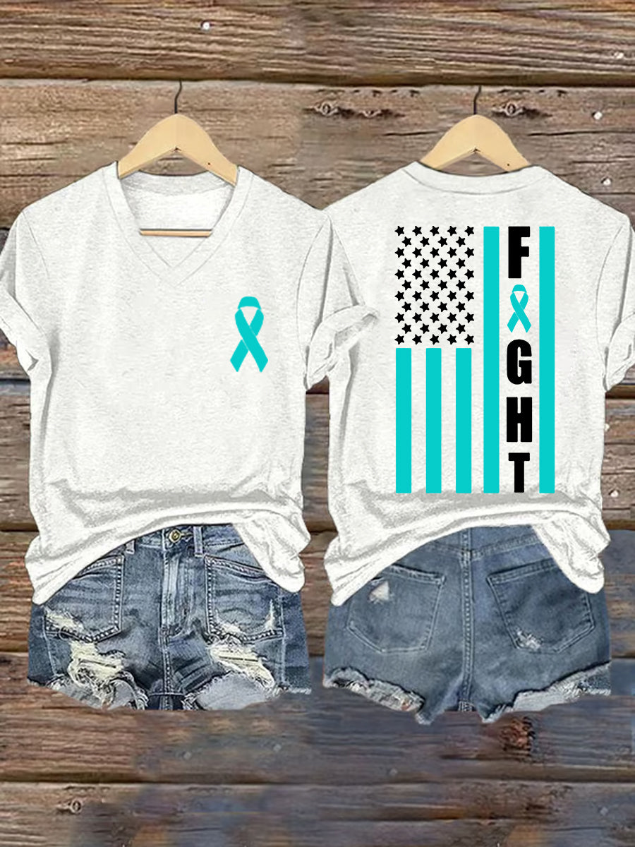 Teal Ribbon USA Flag Combat T-shirt de soutien de sensibilisation au cancer de l'ovaire pour femmes