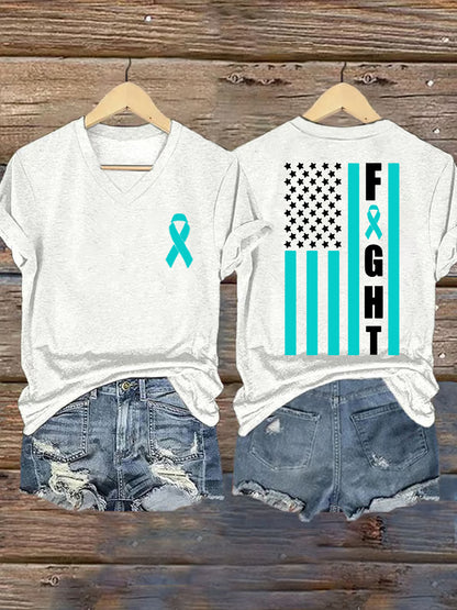 Teal Ribbon USA Flag Combat T-shirt de soutien de sensibilisation au cancer de l'ovaire pour femmes