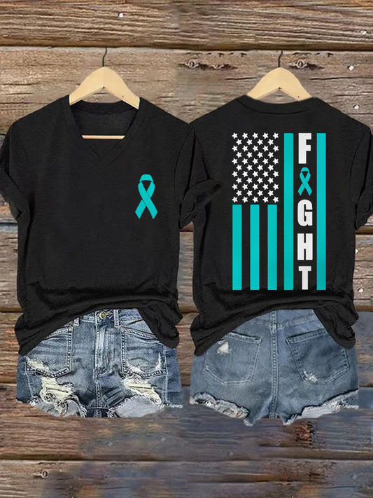 Teal Ribbon USA Flag Combat T-shirt de soutien de sensibilisation au cancer de l'ovaire pour femmes