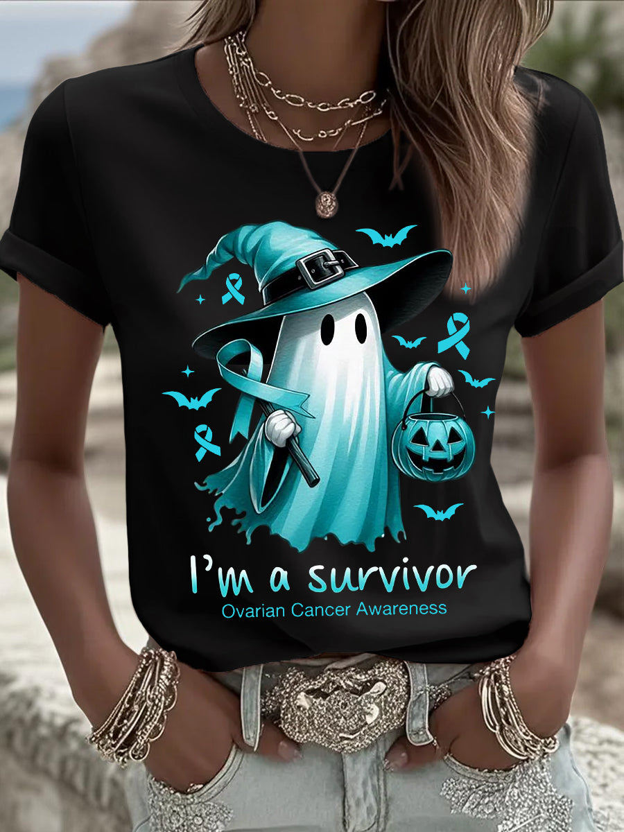 T-shirt de sensibilisation au cancer de l'ovaire à imprimé Halloween Ghost pour femme