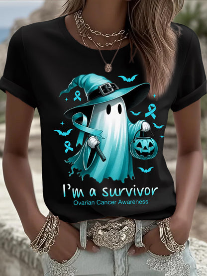 T-shirt de sensibilisation au cancer de l'ovaire à imprimé Halloween Ghost pour femme