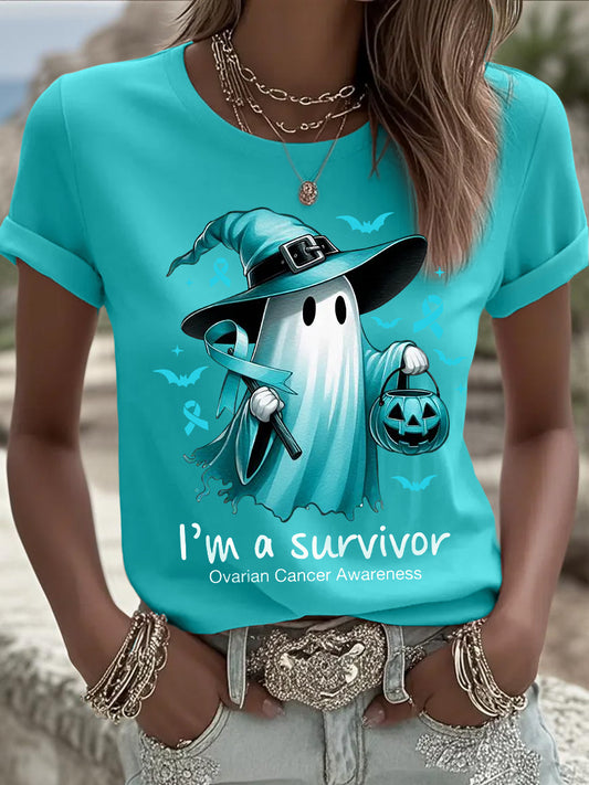 T-shirt de sensibilisation au cancer de l'ovaire à imprimé Halloween Ghost pour femme