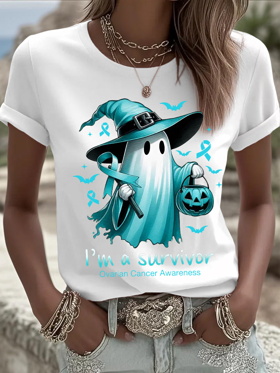T-shirt de sensibilisation au cancer de l'ovaire à imprimé Halloween Ghost pour femme