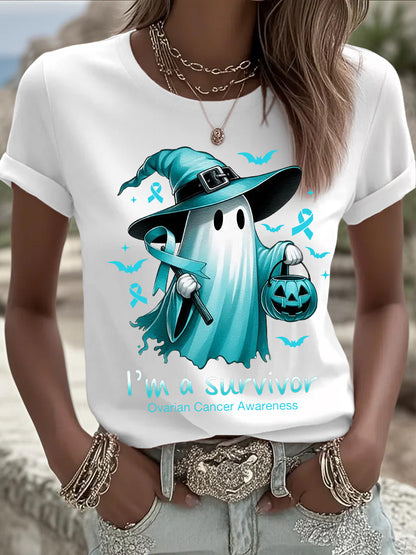 T-shirt de sensibilisation au cancer de l'ovaire à imprimé Halloween Ghost pour femme