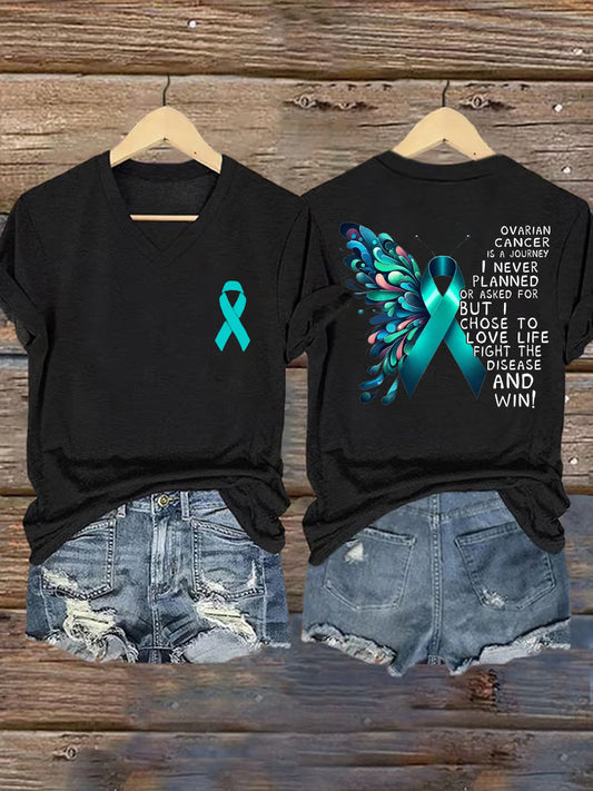 Teal ruban papillon de sensibilisation au cancer de l'ovaire soutien V-Neck Tee
