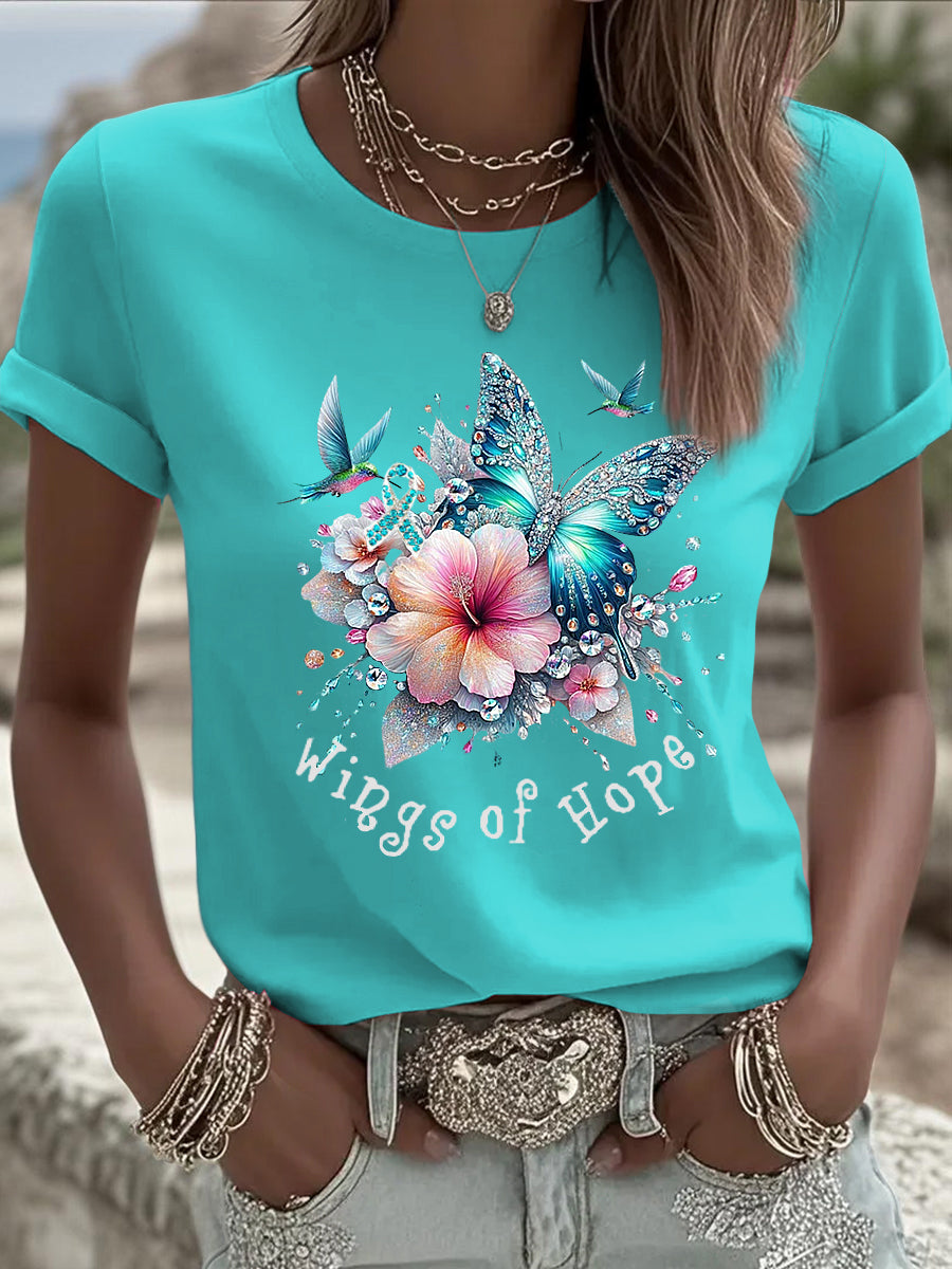 T-shirt décontracté à strass floral papillon pour femmes