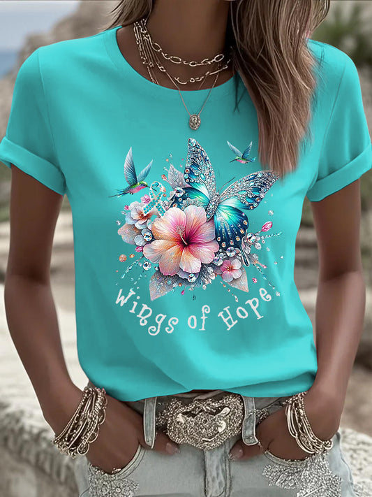T-shirt décontracté à strass floral papillon pour femmes