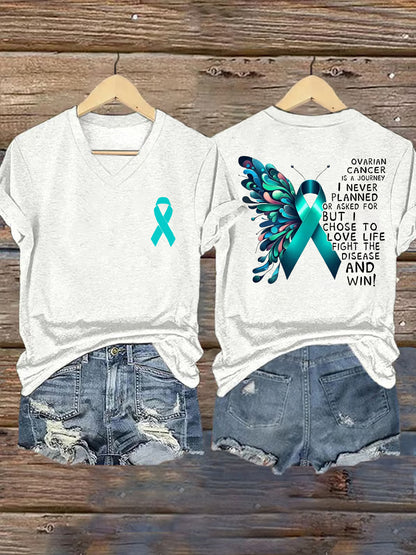 Teal ruban papillon de sensibilisation au cancer de l'ovaire soutien V-Neck Tee