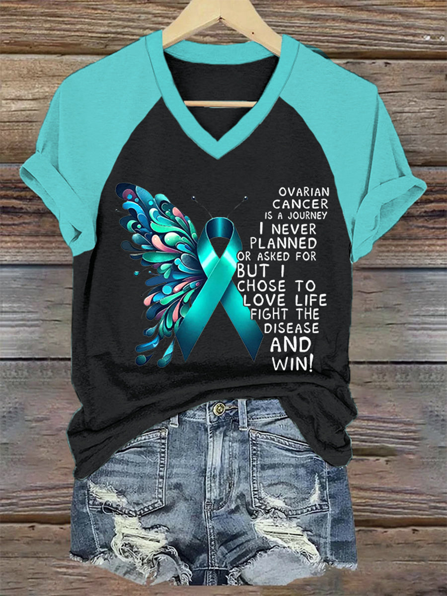 T-shirt à col en V pour femmes, soutien de sensibilisation au cancer de l'ovaire, ruban sarcelle