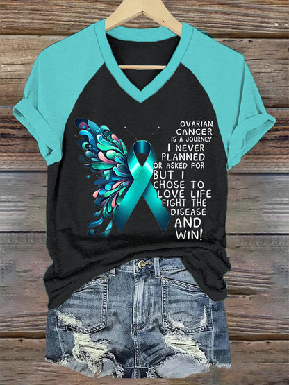 T-shirt à col en V pour femmes, soutien de sensibilisation au cancer de l'ovaire, ruban sarcelle