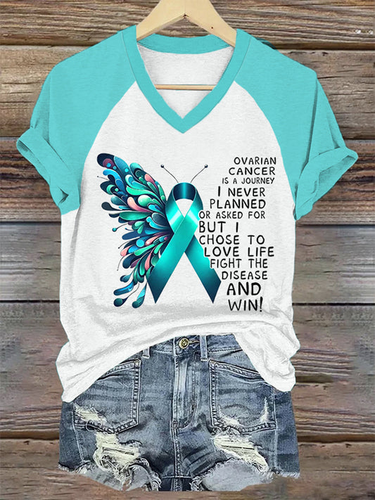 T-shirt à col en V pour femmes, soutien de sensibilisation au cancer de l'ovaire, ruban sarcelle
