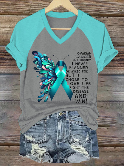 T-shirt à col en V pour femmes, soutien de sensibilisation au cancer de l'ovaire, ruban sarcelle