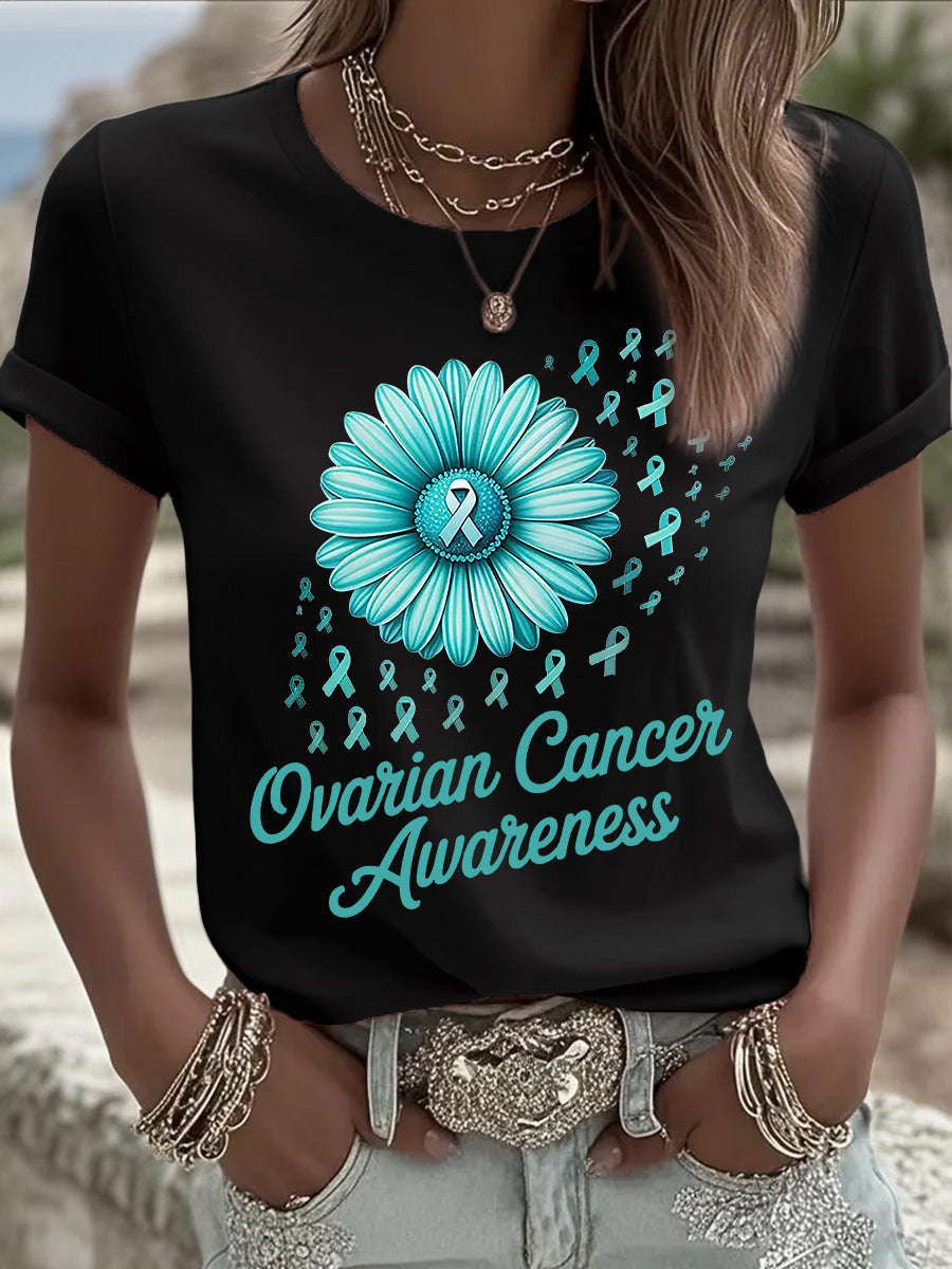 Teal ruban tournesol impression cancer de l'ovaire de sensibilisation des femmes Tee