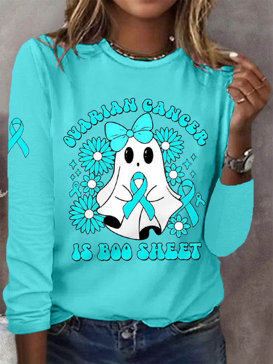 Cancer de l'ovaire des femmes est Boo feuille Halloween fantôme Teal ruban cancer de l'ovaire sensibilisation à manches longues T-Shirt