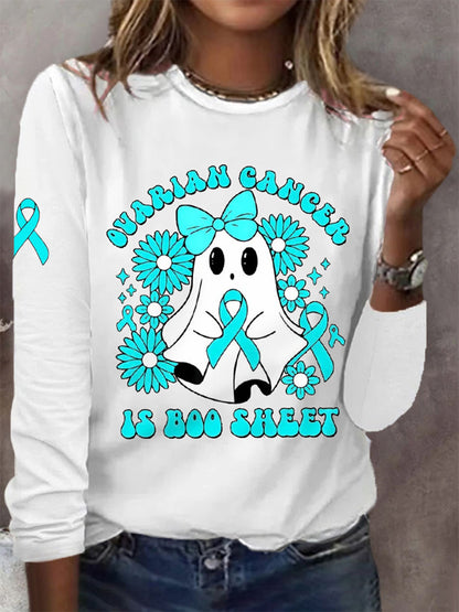 Cancer de l'ovaire des femmes est Boo feuille Halloween fantôme Teal ruban cancer de l'ovaire sensibilisation à manches longues T-Shirt