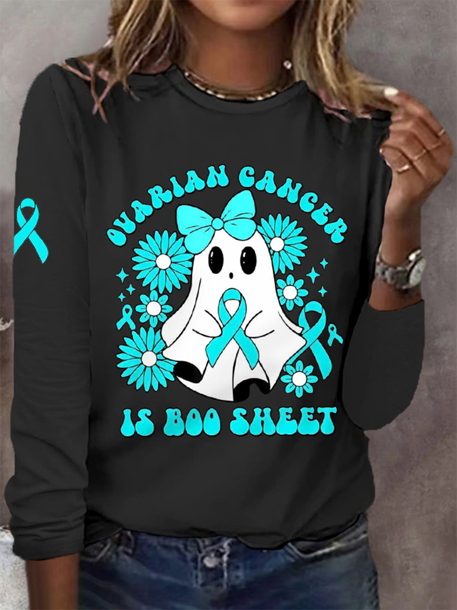 Cancer de l'ovaire des femmes est Boo feuille Halloween fantôme Teal ruban cancer de l'ovaire sensibilisation à manches longues T-Shirt