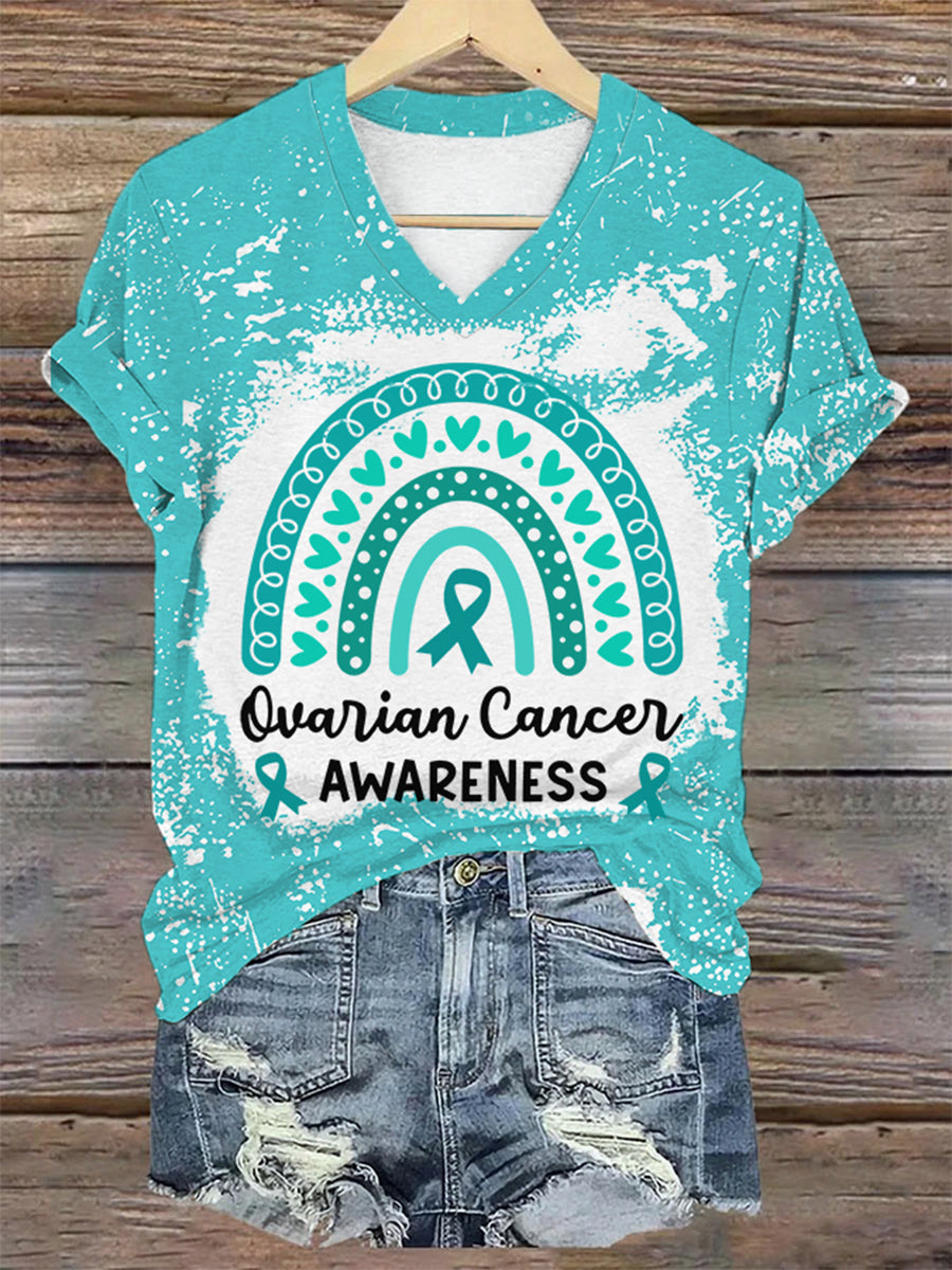 Teal ruban arc-en-ciel des femmes de sensibilisation au cancer de l'ovaire col V Tee