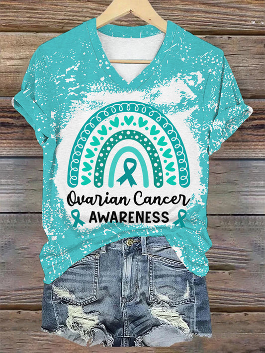 Teal ruban arc-en-ciel des femmes de sensibilisation au cancer de l'ovaire col V Tee