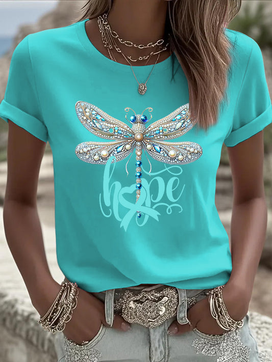 T-shirt décontracté imprimé libellule strass pour femmes