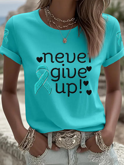 Les femmes ne jamais abandonner le ruban de sarcelle T-shirt de sensibilisation au cancer de l'ovaire