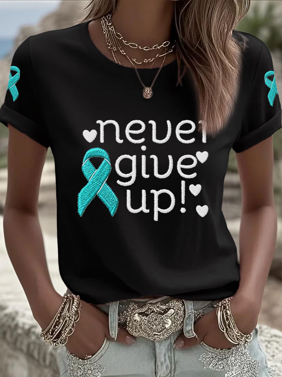 Les femmes ne jamais abandonner le ruban de sarcelle T-shirt de sensibilisation au cancer de l'ovaire