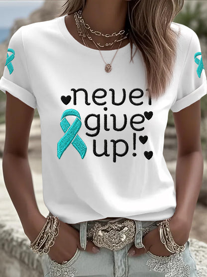 Les femmes ne jamais abandonner le ruban de sarcelle T-shirt de sensibilisation au cancer de l'ovaire