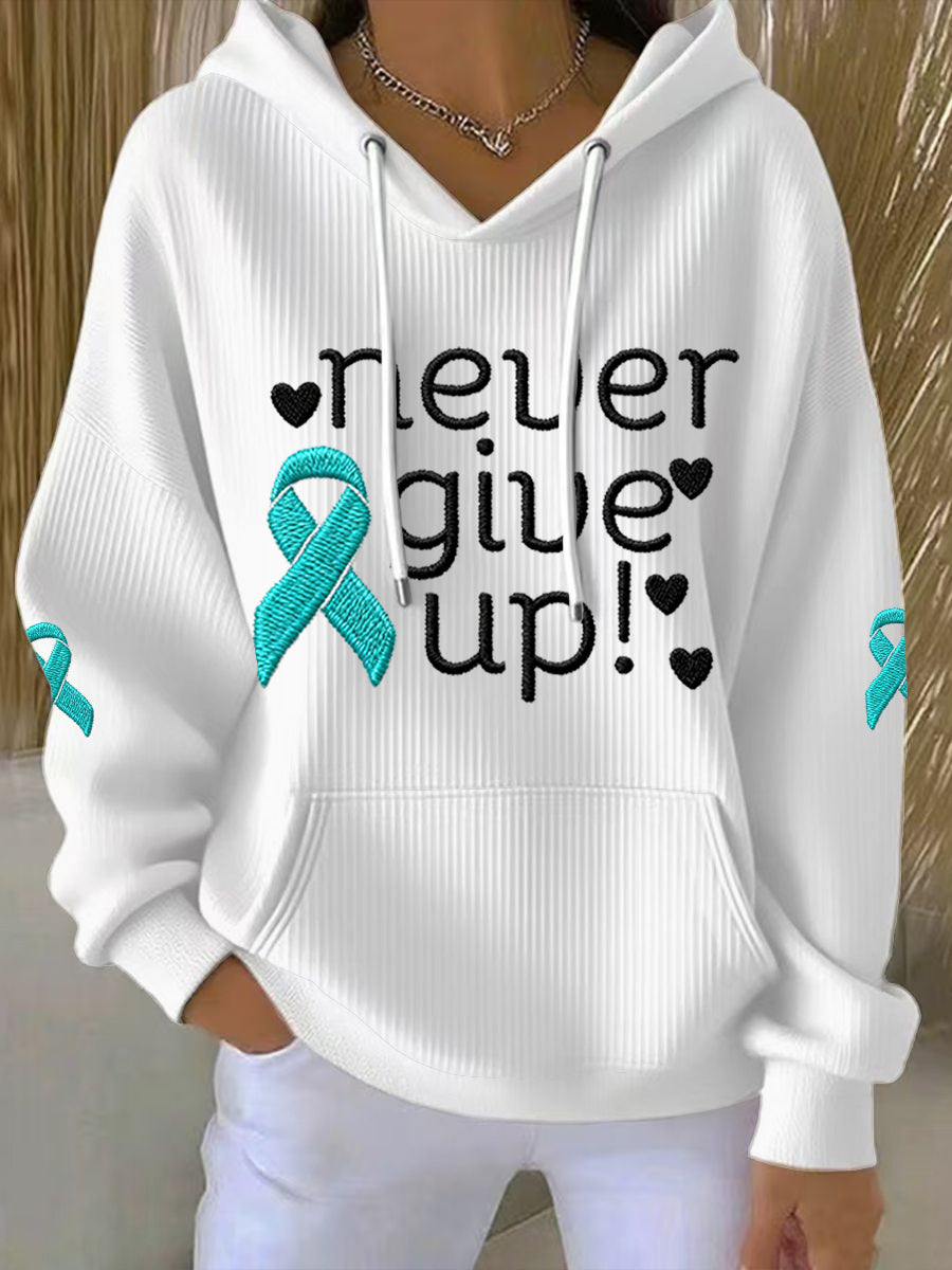 Femmes Never Give Up Teal Ribbon Ovarian Cancer Awareness Hoodie